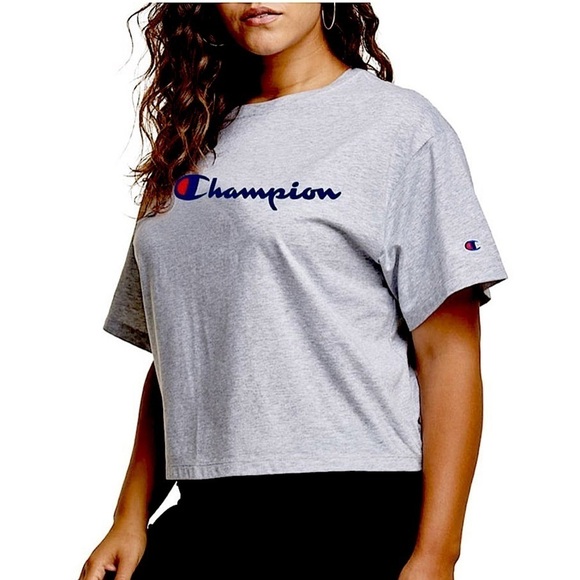 Champion Tops - Champion Tee Shirt Graphic Logo Short Sleeve Crew Neck Boxy Grey Women’s Plus 2X